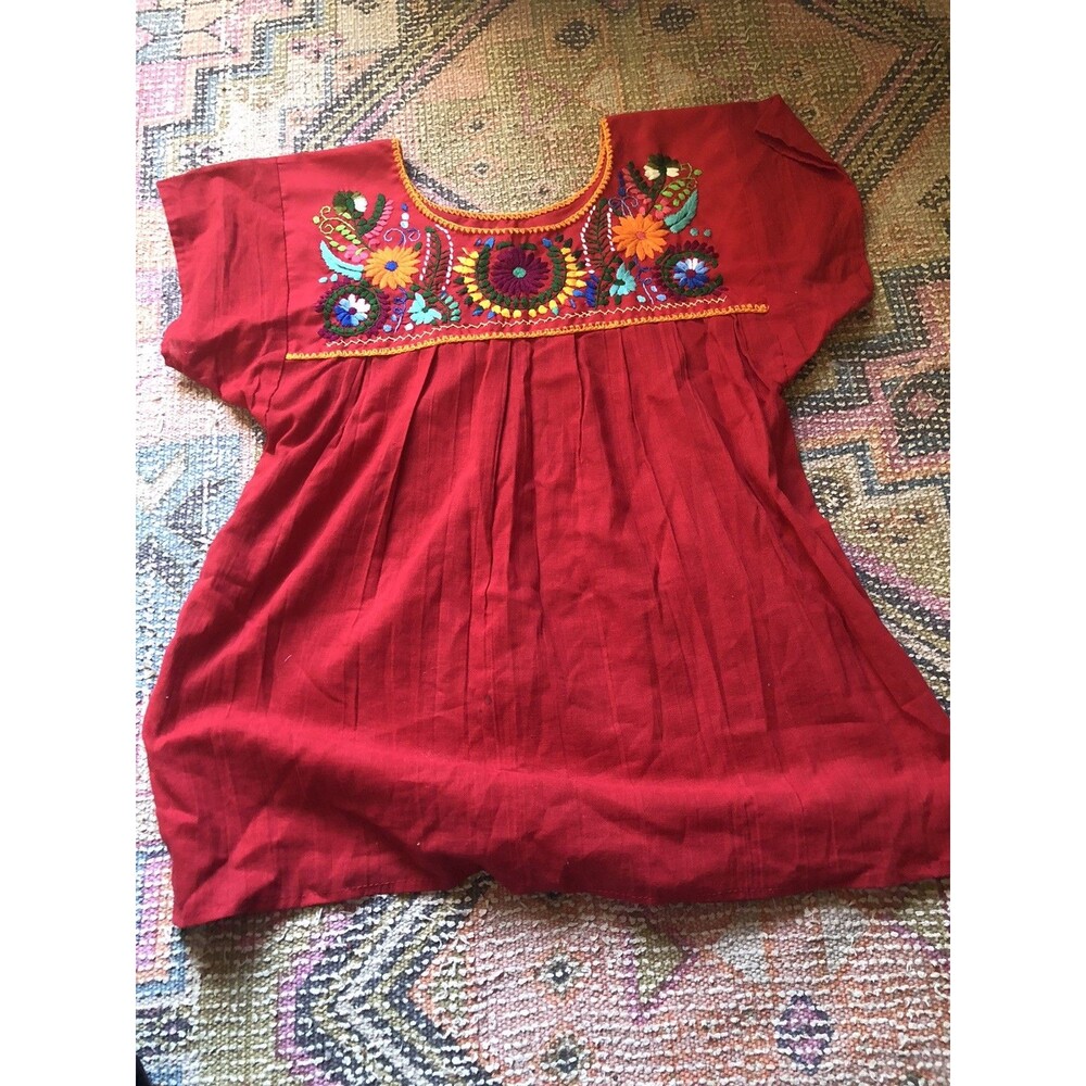 VTG Hand Embroidery Mexican Ethnic Boho Blouse Manta Cotton Women M